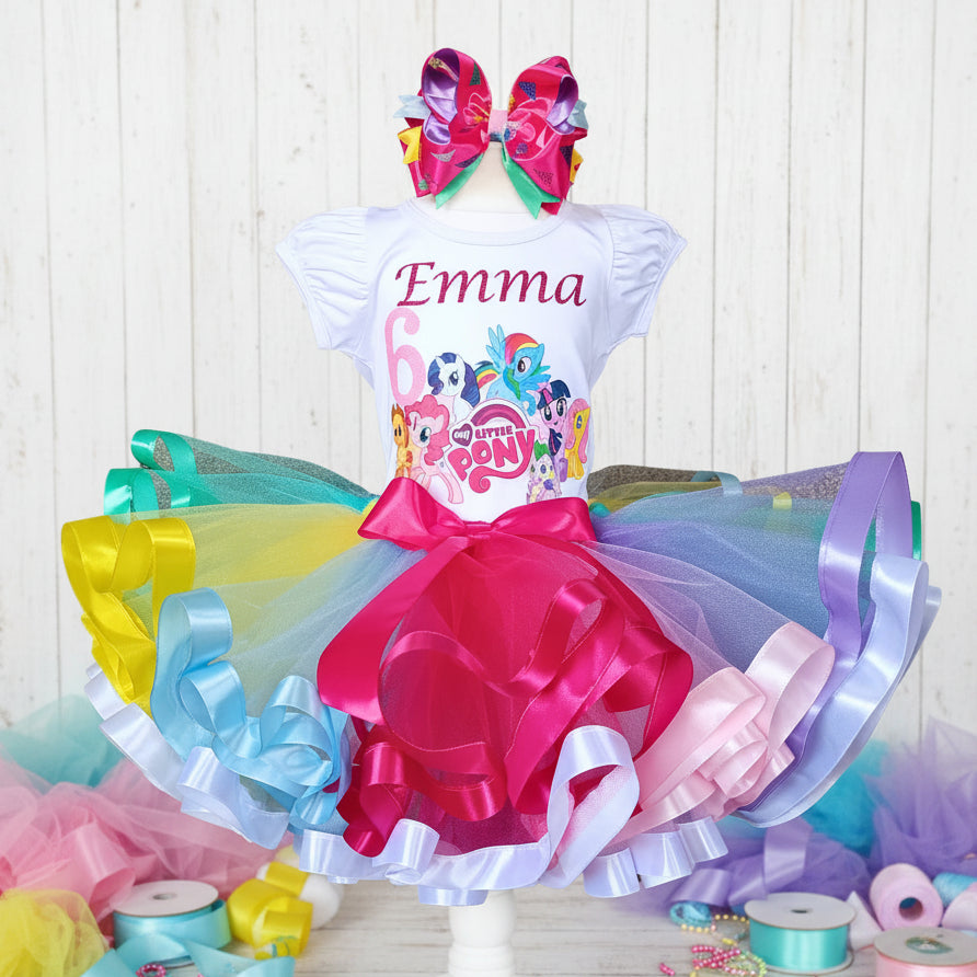My Little Pony FIM Tutu Set Girls Personalized Custom Multicolor Ribbon Sewn Trim Tutu Outfit Dress Theme Cake Smash Birthday Party
