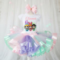 Powerpuff Girls Tutu Set Girls Personalized Custom Purple Aqua Blue Pink Ribbon Sewn Trim Tutu Outfit Dress Theme Cake Smash Birthday Party