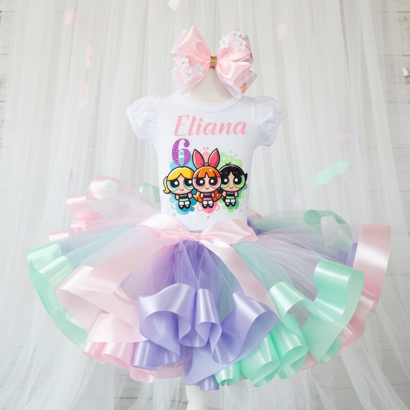 Powerpuff Girls Tutu Set Girls Personalized Custom Purple Aqua Blue Pink Ribbon Sewn Trim Tutu Outfit Dress Theme Cake Smash Birthday Party