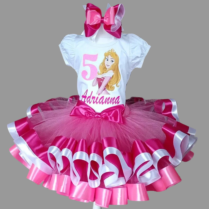 Princess Aurora Sleeping Beauty Tutu Set Girls Personalized Custom White Pink Ribbon Sewn Trim Tutu Outfit Dress Theme Cake Smash Birthday Party
