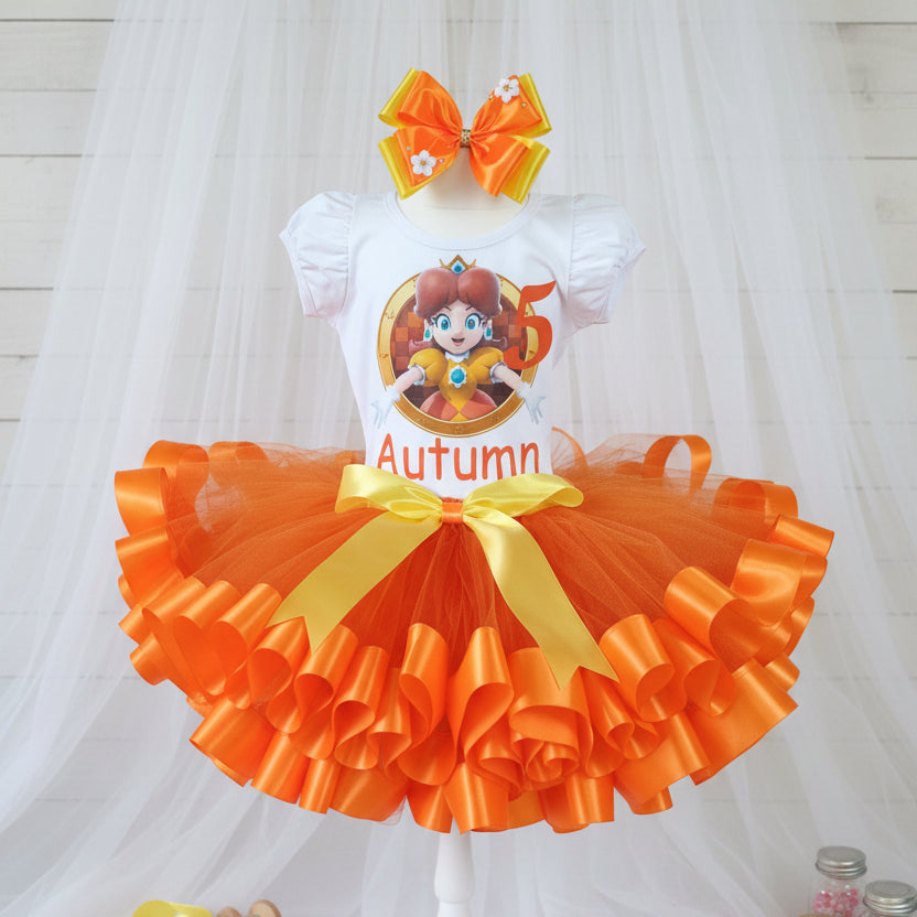 Super Mario Princess Daisy Tutu Set Girls Personalized Custom Orange Yellow Ribbon Sewn Trim Tutu Outfit Dress Theme Cake Smash Birthday Party
