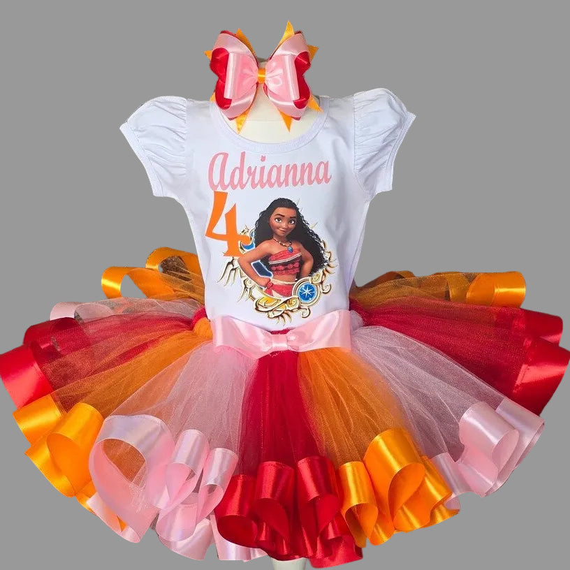 Ocean Princess Moana Tutu Set Girls Personalized Custom Red Orange Pink Ribbon Sewn Trim Tutu Outfit Dress Theme Cake Smash Birthday Party