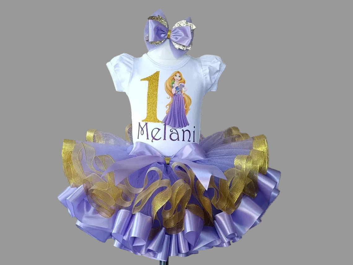 Princess Rapunzel Tutu Set Girls Personalized Custom Purple Gold Ribbon Sewn Trim Tutu Outfit Dress Theme Cake Smash Birthday Party