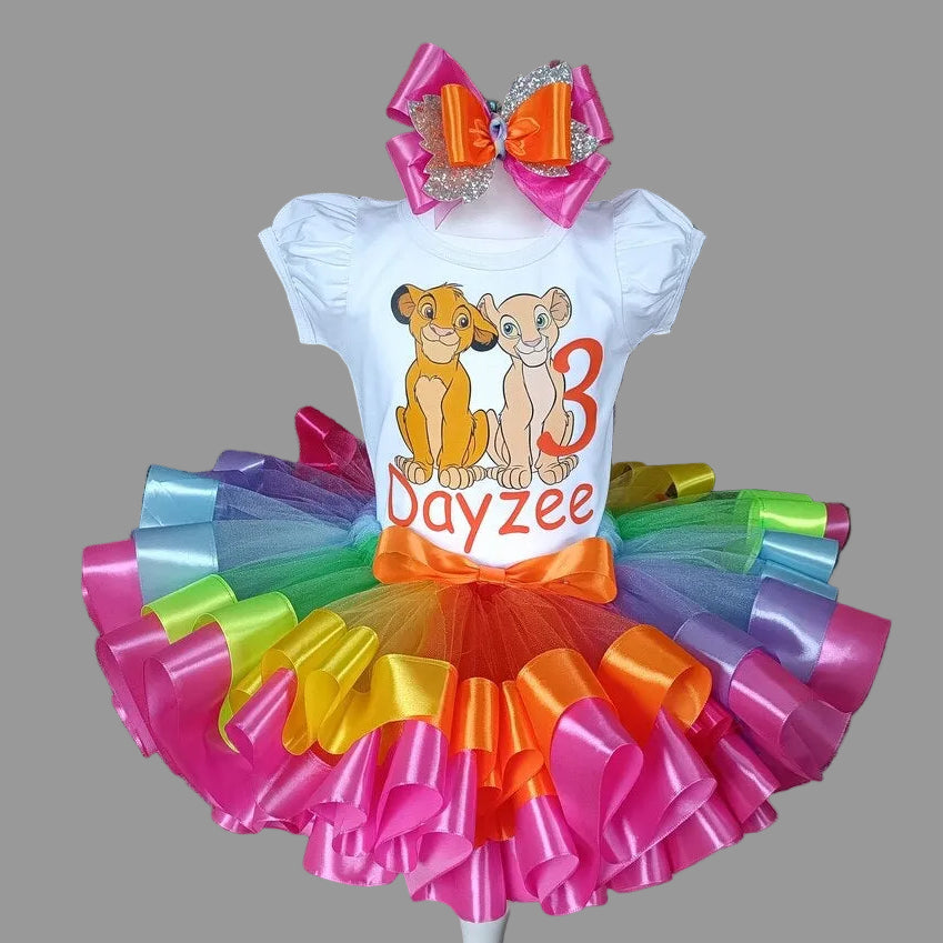 Lion King Simba Nala Cub Tutu Set Girls Personalized Custom Rainbow Ribbon Sewn Trim Tutu Outfit Dress Theme Cake Smash Birthday Party