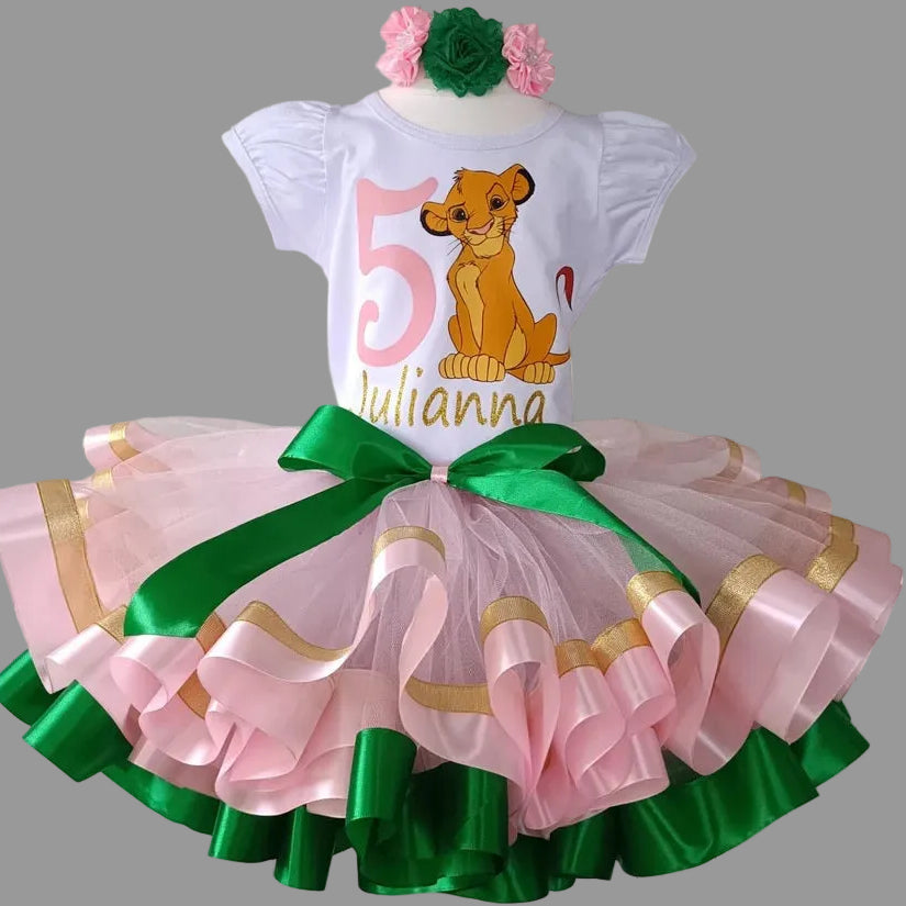 Lion King Simba Cub Tutu Set Girls Personalized Custom Pink Green Ribbon Sewn Trim Tutu Outfit Dress Theme Cake Smash Birthday Party