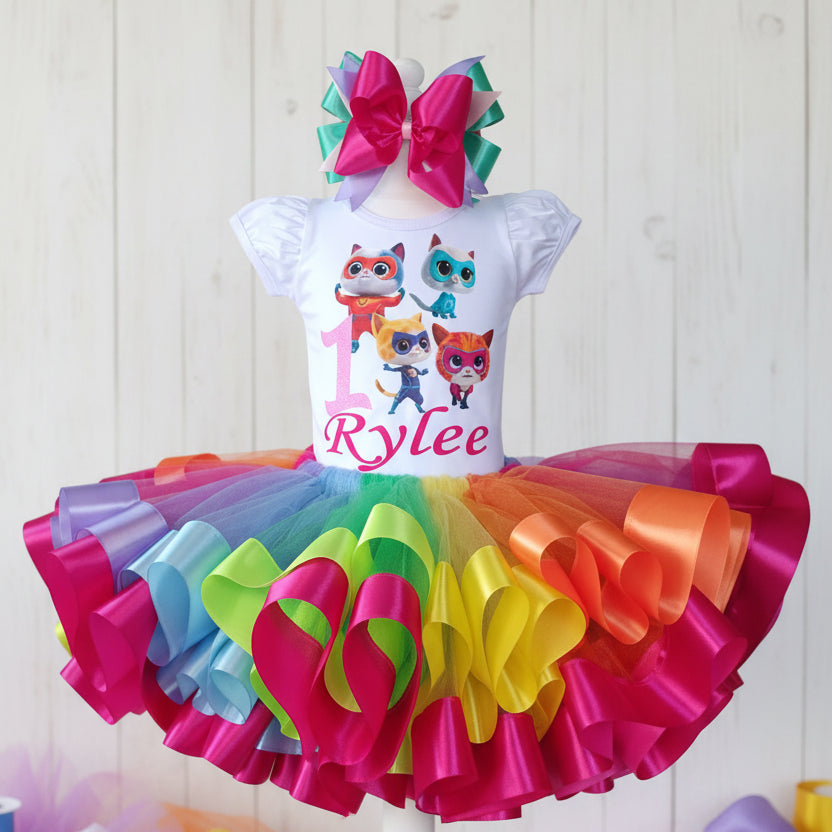 Super Kitties Tutu Set Girls Personalized Custom Rainbow Multicolor Ribbon Sewn Trim Tutu Outfit Dress Theme Cake Smash Birthday Party