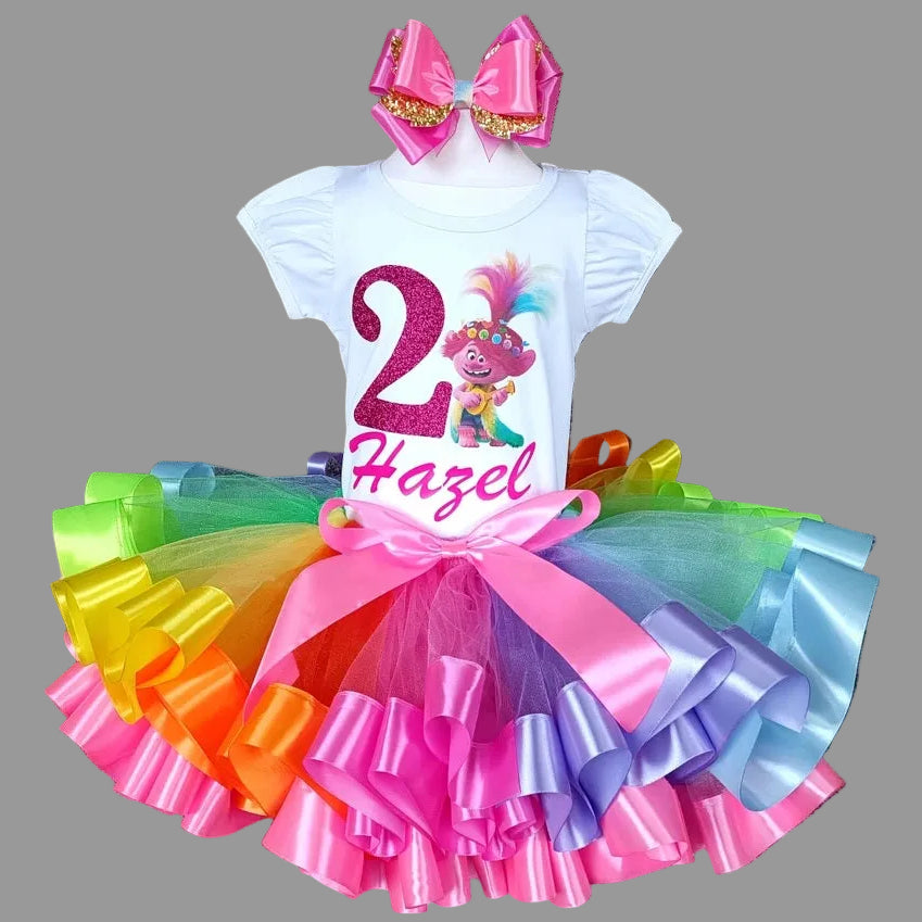Trolls Poppy Tutu Set Girls Personalized Custom Multicolor Rainbow Ribbon Sewn Trim Tutu Outfit Dress Theme Cake Smash Birthday Party