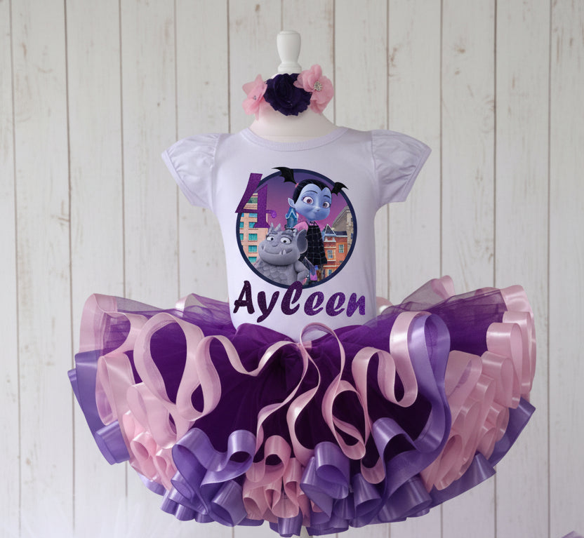 Vampirina Tutu Set Girls Personalized Custom Pink Purple Ribbon Sewn Trim Tutu Outfit Dress Theme Cake Smash Birthday Party