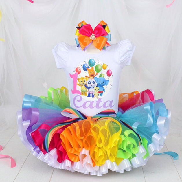 Word Party Tutu Set Girls Personalized Custom Rainbow Ribbon Sewn Trim Tutu Outfit Dress Theme Cake Smash Birthday Party