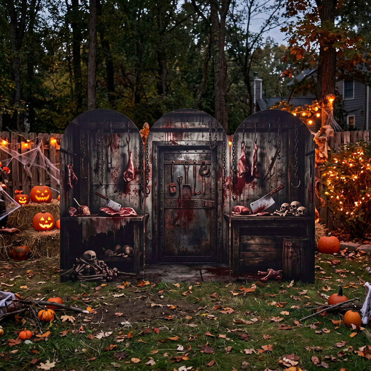 7.2ft Backwoods Slaughterhouse Theme Halloween Arch Fabric Backdrop Cover - Multi-Panel Event Backdrop Decor Prop