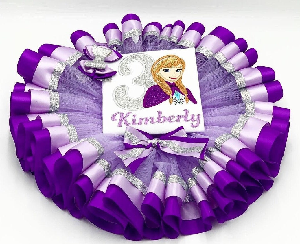 Princess Anna Frozen Tutu Set Girls Personalized Custom Purple Silver Ribbon Sewn Trim Tutu Outfit Dress Theme Cake Smash Birthday Party