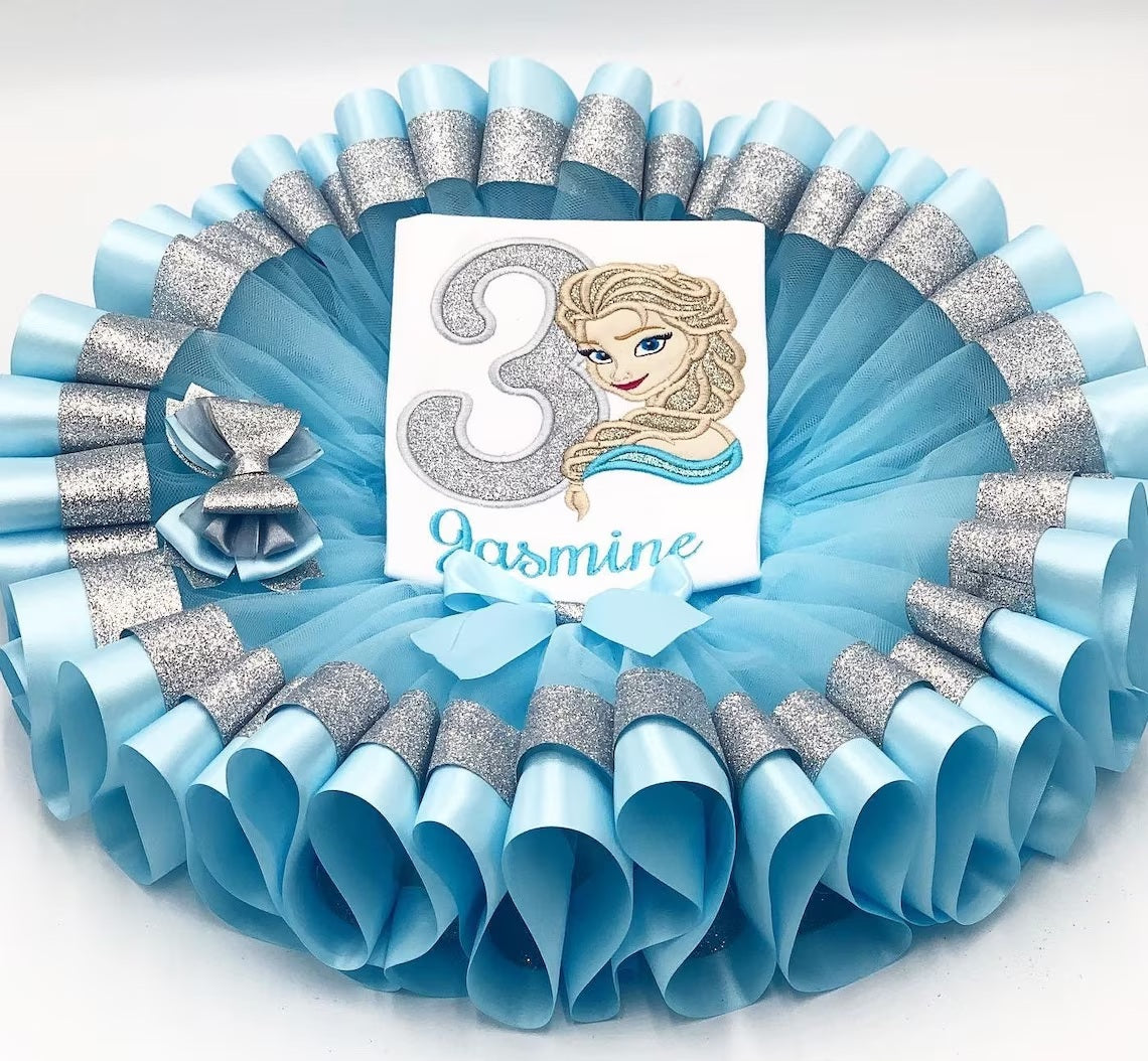 Queen Elsa Frozen Princess Tutu Set Girls Personalized Custom Blue Silver Ribbon Sewn Trim Tutu Outfit Dress Theme Cake Smash Birthday Party