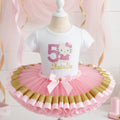 Hello Kitty Tutu Set Girls Personalized Custom Pink Gold Ribbon Sewn Trim Tutu Outfit Dress Theme Cake Smash Birthday Party
