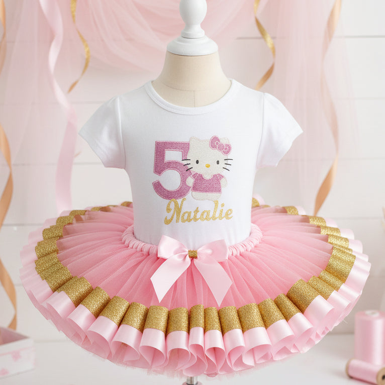 Hello Kitty Tutu Set Girls Personalized Custom Pink Gold Ribbon Sewn Trim Tutu Outfit Dress Theme Cake Smash Birthday Party