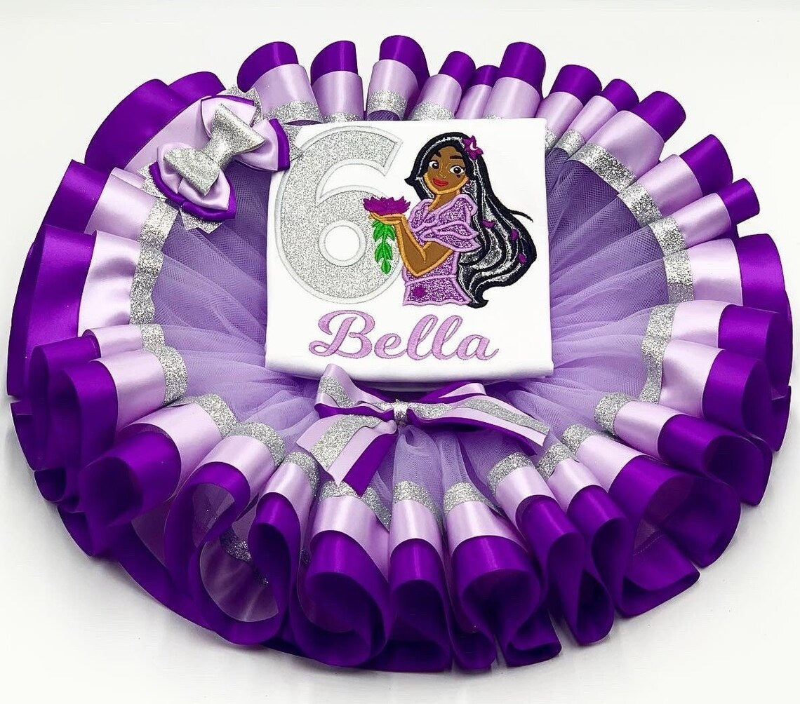 Encanto Isabella Tutu Set Girls Personalized Custom Purple Silver Ribbon Sewn Trim Tutu Outfit Dress Theme Cake Smash Birthday Party