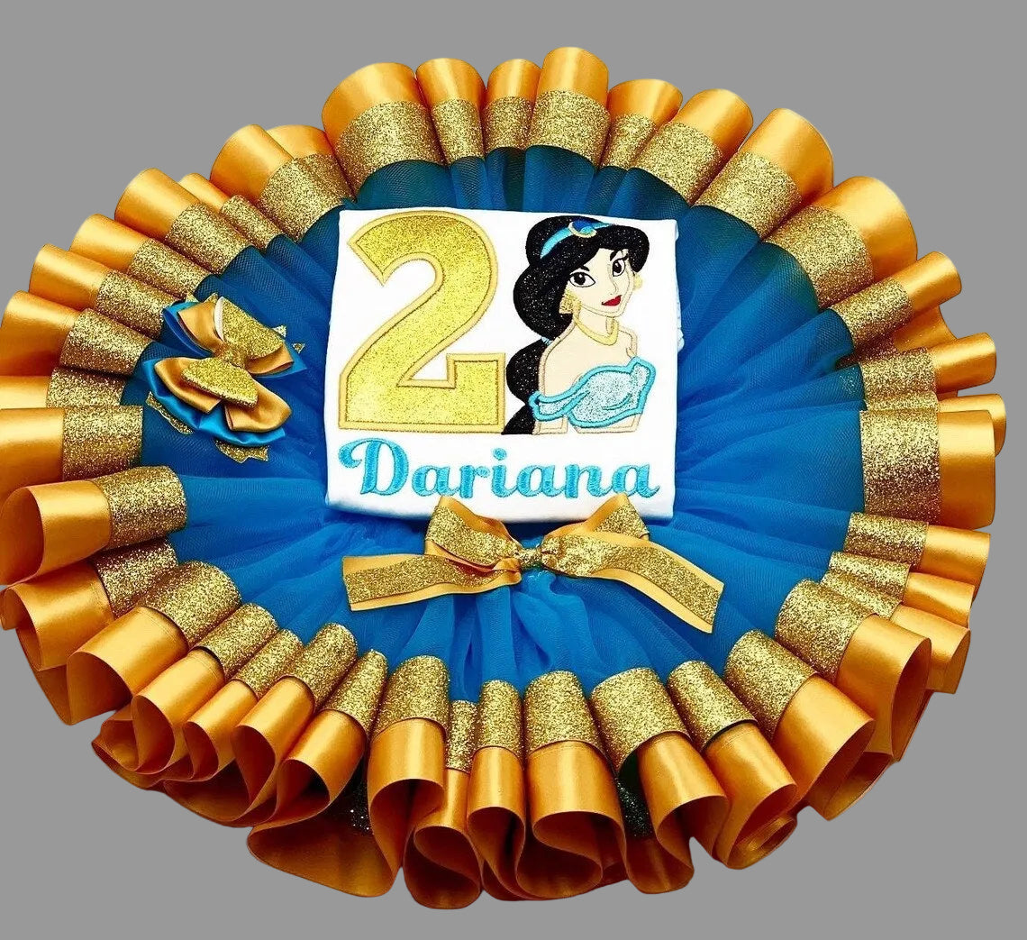 Princess Jasmine Aladdin Tutu Set Girls Personalized Custom Blue Gold Ribbon Sewn Trim Tutu Outfit Dress Theme Cake Smash Birthday Party