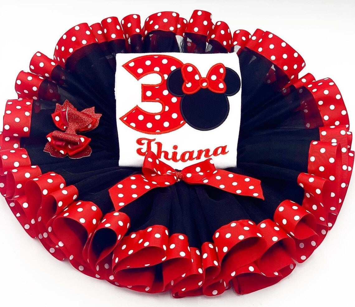 Minnie Ears Red Tutu Set Girls Personalized Custom Black Red Polka Dots Ribbon Sewn Trim Tutu Outfit Dress Theme Cake Smash Birthday Party