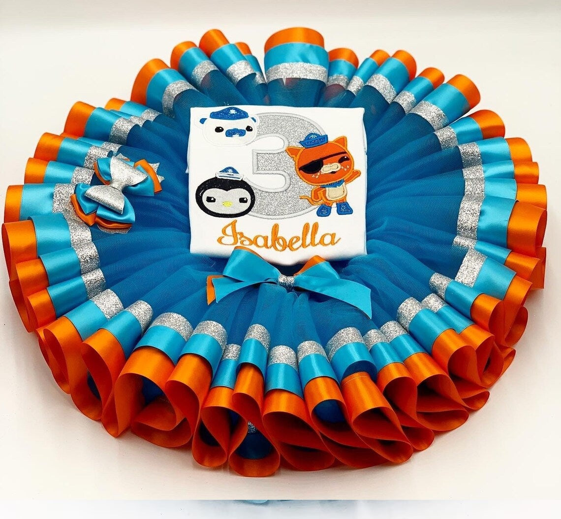 Octonauts Tutu Set Girls Personalized Custom Blue Orange Silver Ribbon Sewn Trim Tutu Outfit Dress Theme Cake Smash Birthday Party