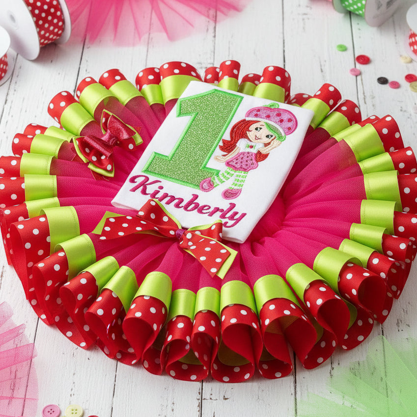 Strawberry Shortcake Tutu Set Girls Personalized Custom Hot Pink Lime Red Polka Dot Ribbon Sewn Trim Tutu Outfit Dress Theme Cake Smash Birthday Party