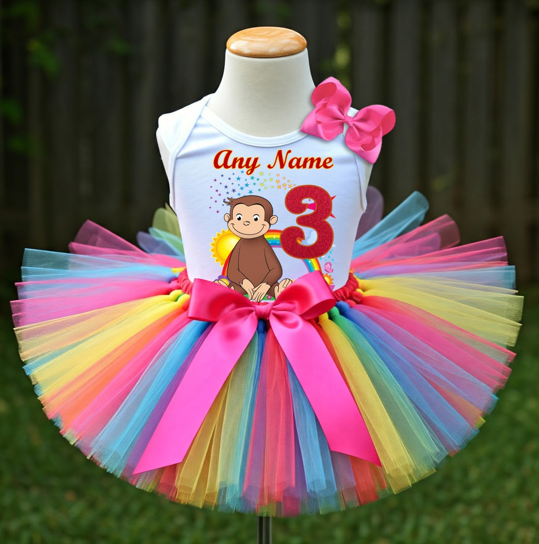 Curious George Tutu Set Girls Personalized Custom Rainbow Tutu Outfit Dress Theme Cake Smash Birthday Party