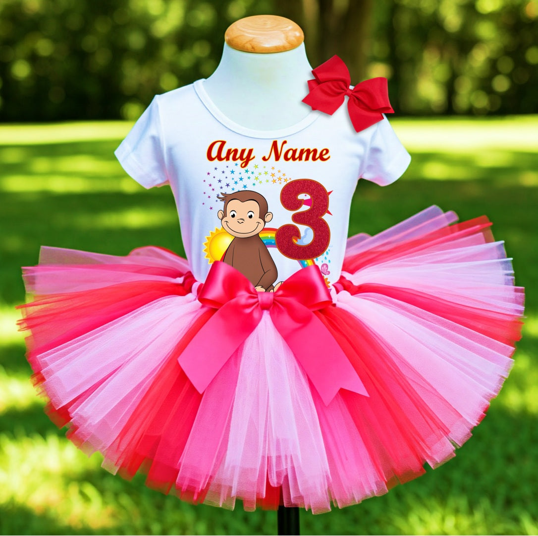 Curious George Tutu Set Girls Personalized Custom Hot Pink White Pink Tutu Outfit Dress Theme Cake Smash Birthday Party