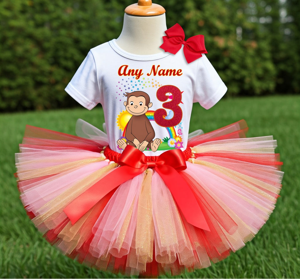 Curious George Tutu Set Girls Personalized Custom Red Pink Gold Tutu Outfit Dress Theme Cake Smash Birthday Party