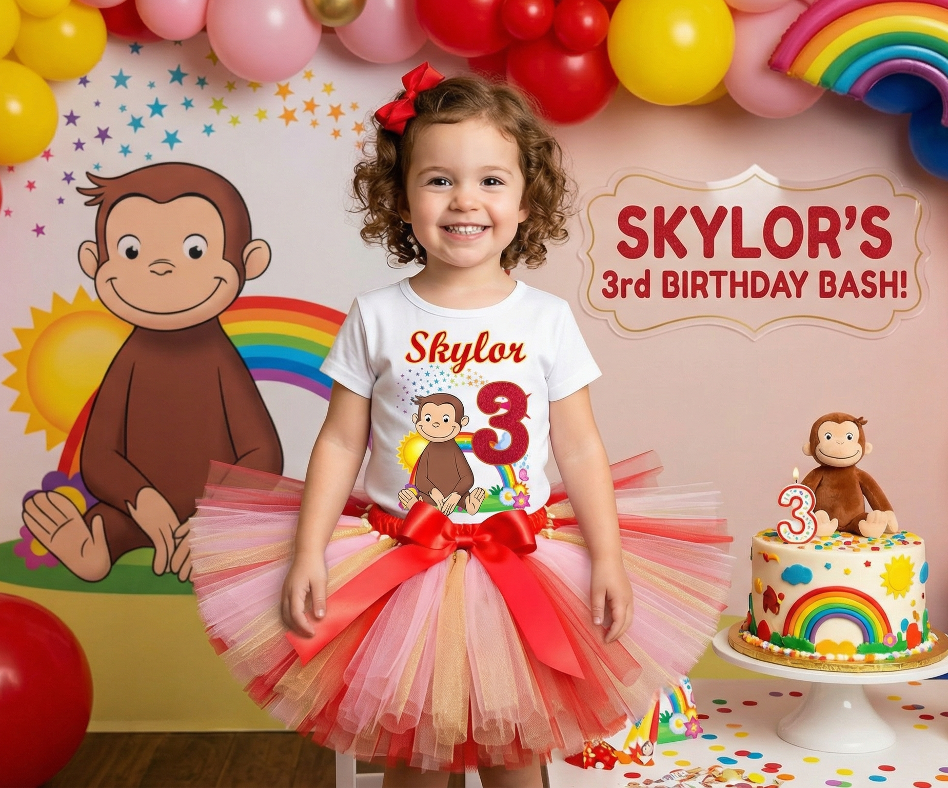 Curious George Tutu Set Girls Personalized Custom Red Pink Gold Tutu Outfit Dress Theme Cake Smash Birthday Party