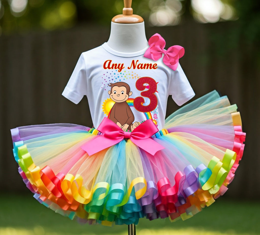 Curious George Tutu Set Girls Personalized Custom Rainbow Ribbon Sewn Trim Tutu Outfit Dress Theme Cake Smash Birthday Party