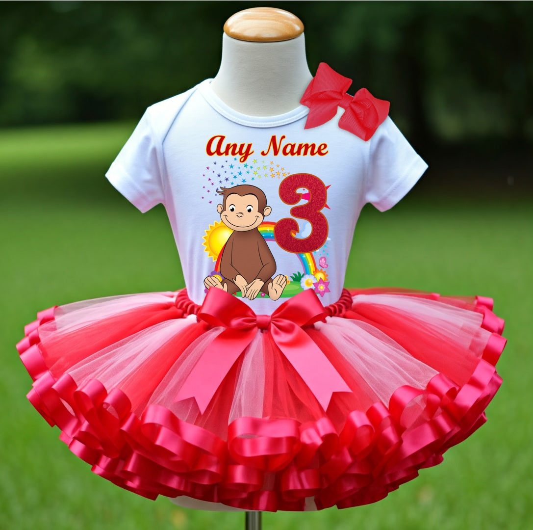 Curious George Tutu Set Girls Personalized Custom Red Pink Ribbon Sewn Trim Tutu Outfit Dress Theme Cake Smash Birthday Party