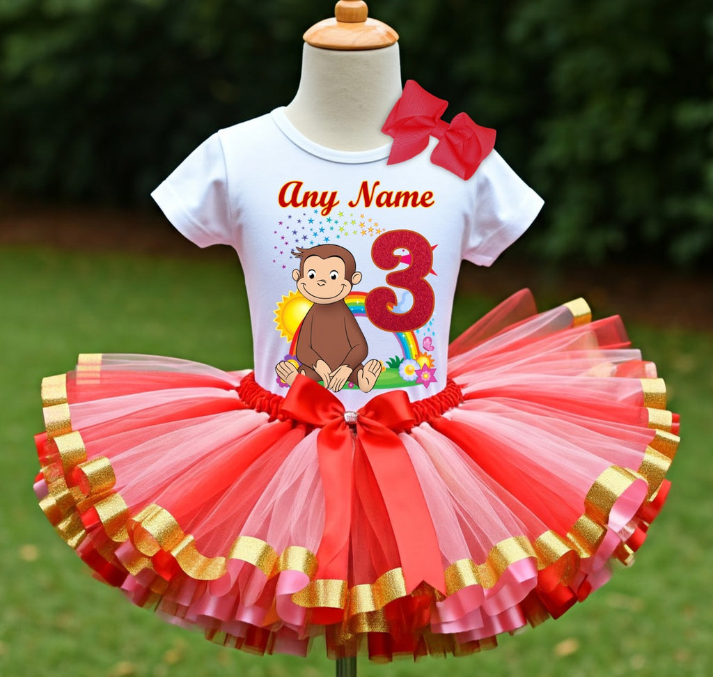 Curious George Tutu Set Girls Personalized Custom Red Pink Gold Ribbon Sewn Trim Tutu Outfit Dress Theme Cake Smash Birthday Party