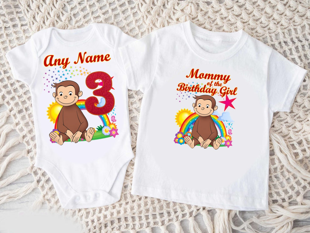 Curious George Personalized Custom White Family T-Shirt or Onesie Pack Theme Cake Smash Birthday Party