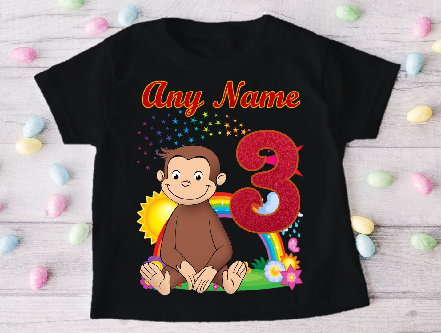 Curious George Personalized Custom Black T-Shirt or Onesie Theme Cake Smash Birthday Party