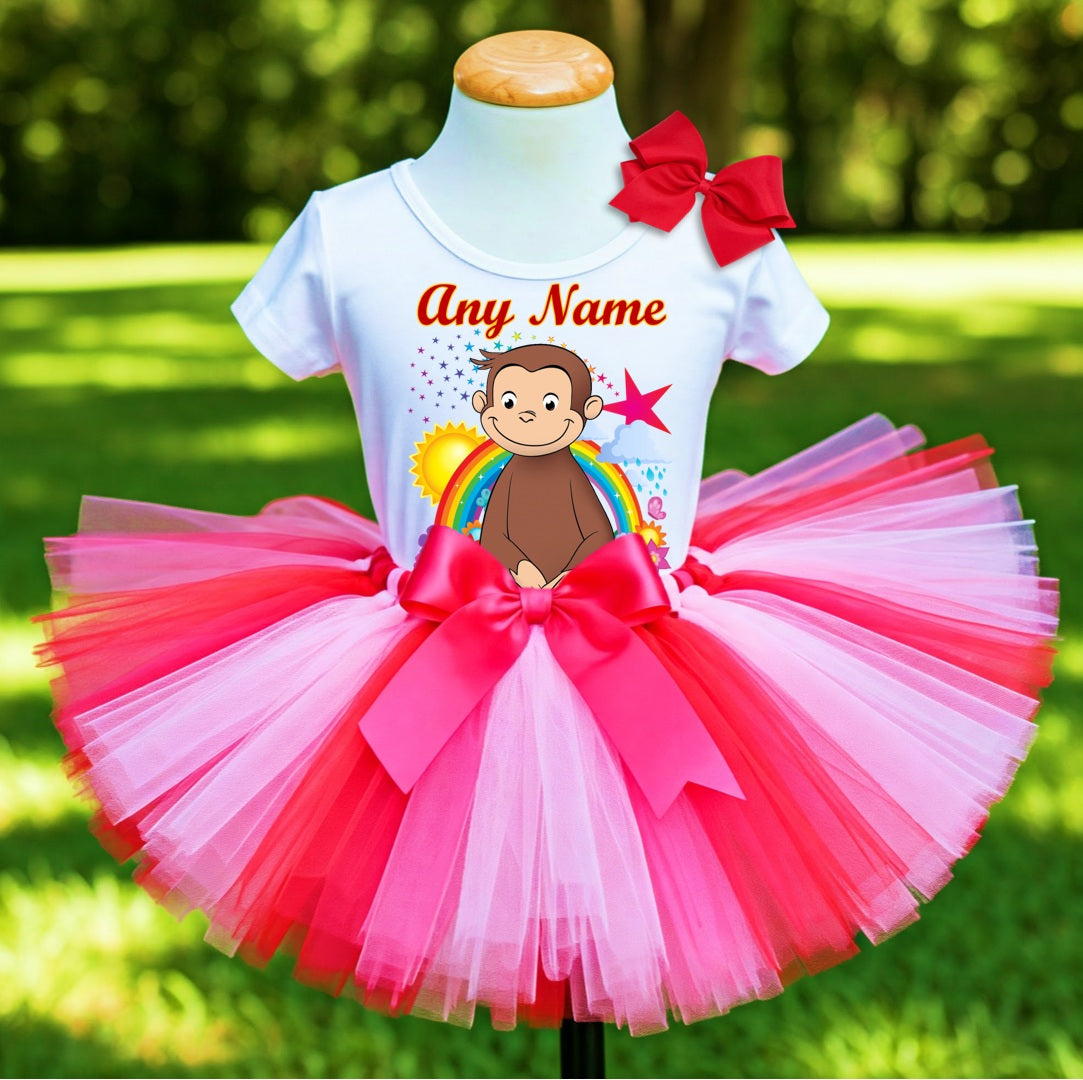 Curious George Tutu Set Girls Personalized Custom Hot Pink White Pink Tutu Outfit Dress Theme Cake Smash Party
