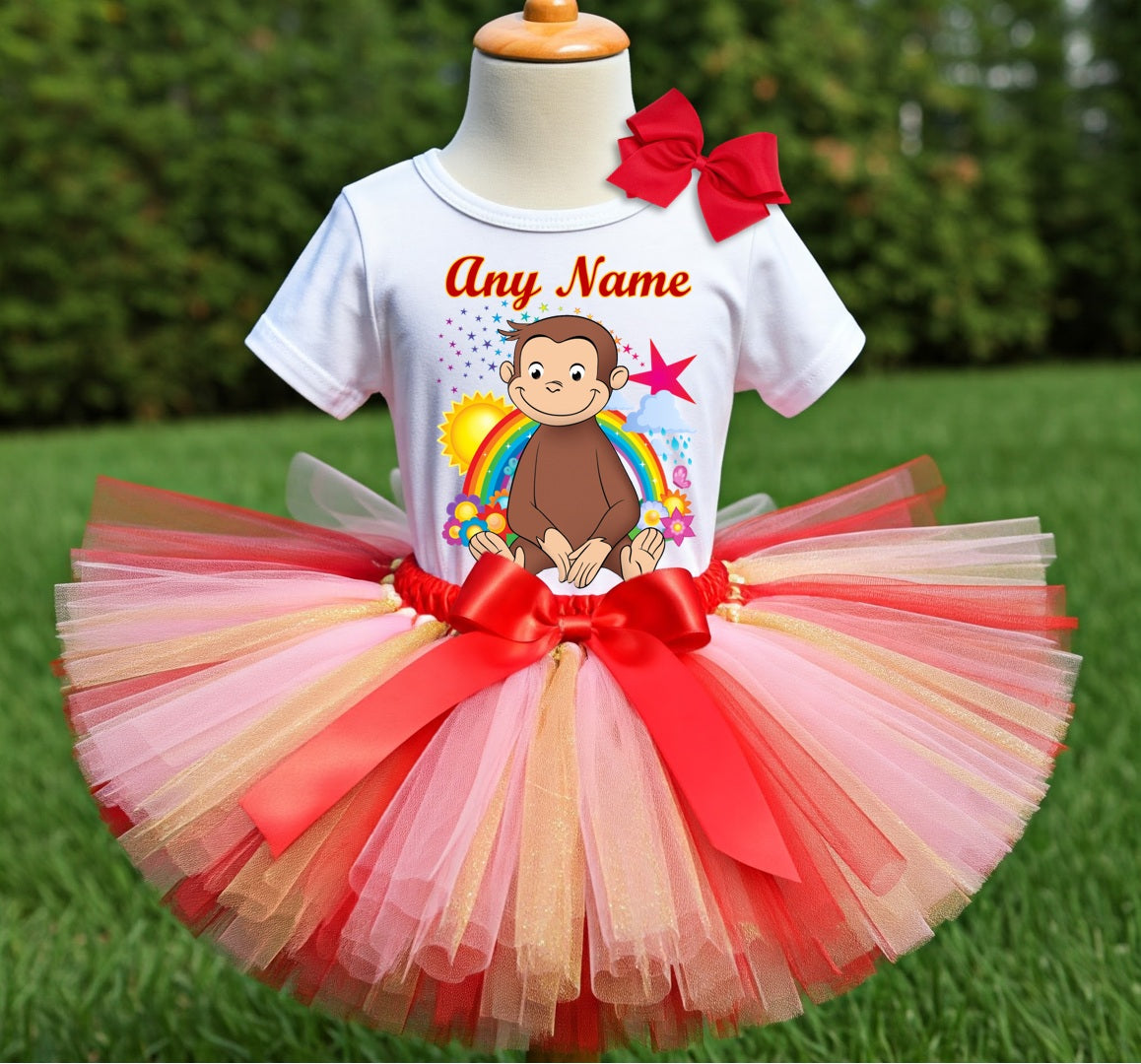 Curious George Tutu Set Girls Personalized Custom Red Pink Gold Tutu Outfit Dress Theme Cake Smash Party