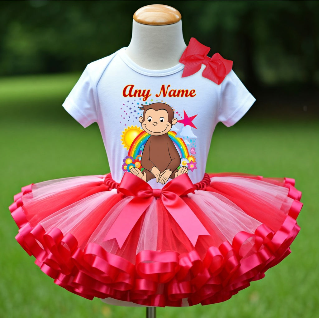 Curious George Tutu Set Girls Personalized Custom Red Pink Ribbon Sewn Trim Tutu Outfit Dress Theme Cake Smash Party