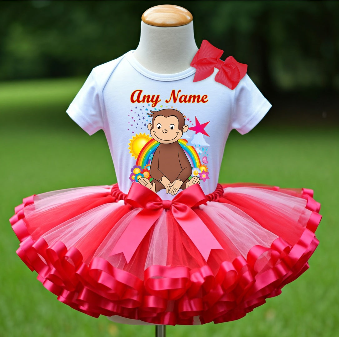 Curious George Tutu Set Girls Personalized Custom Red Pink Ribbon Sewn Trim Tutu Outfit Dress Theme Cake Smash Party