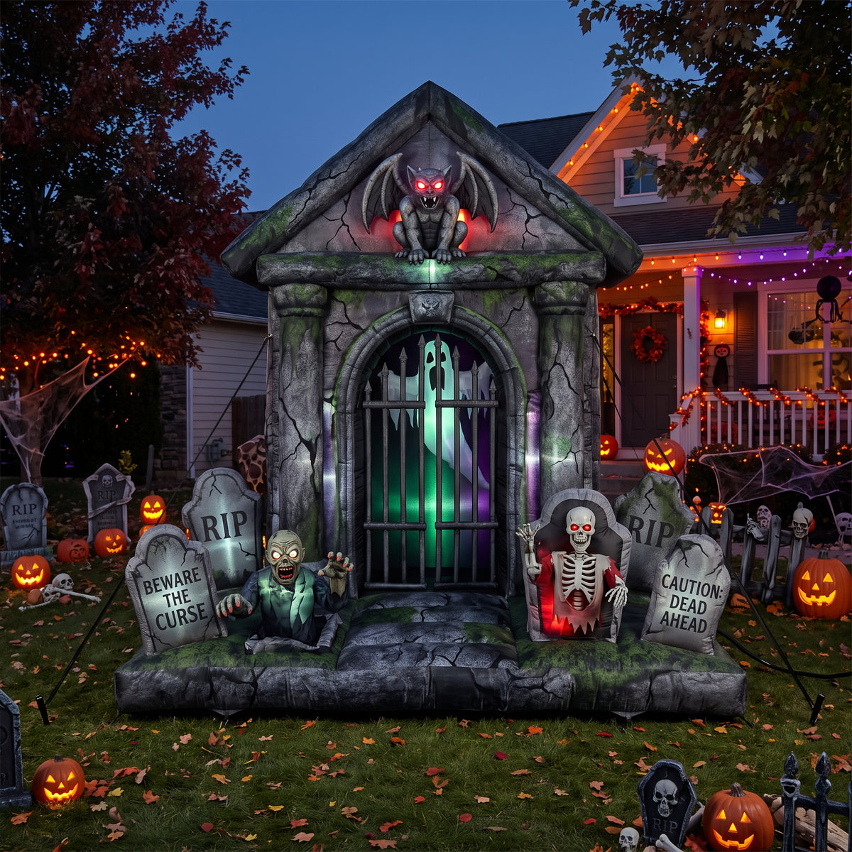 Massive 8-Foot-Tall Cursed Graveyard / Mausoleum Colossal Multi-Tiered Halloween Yard Inflatable Scene Decor Prop