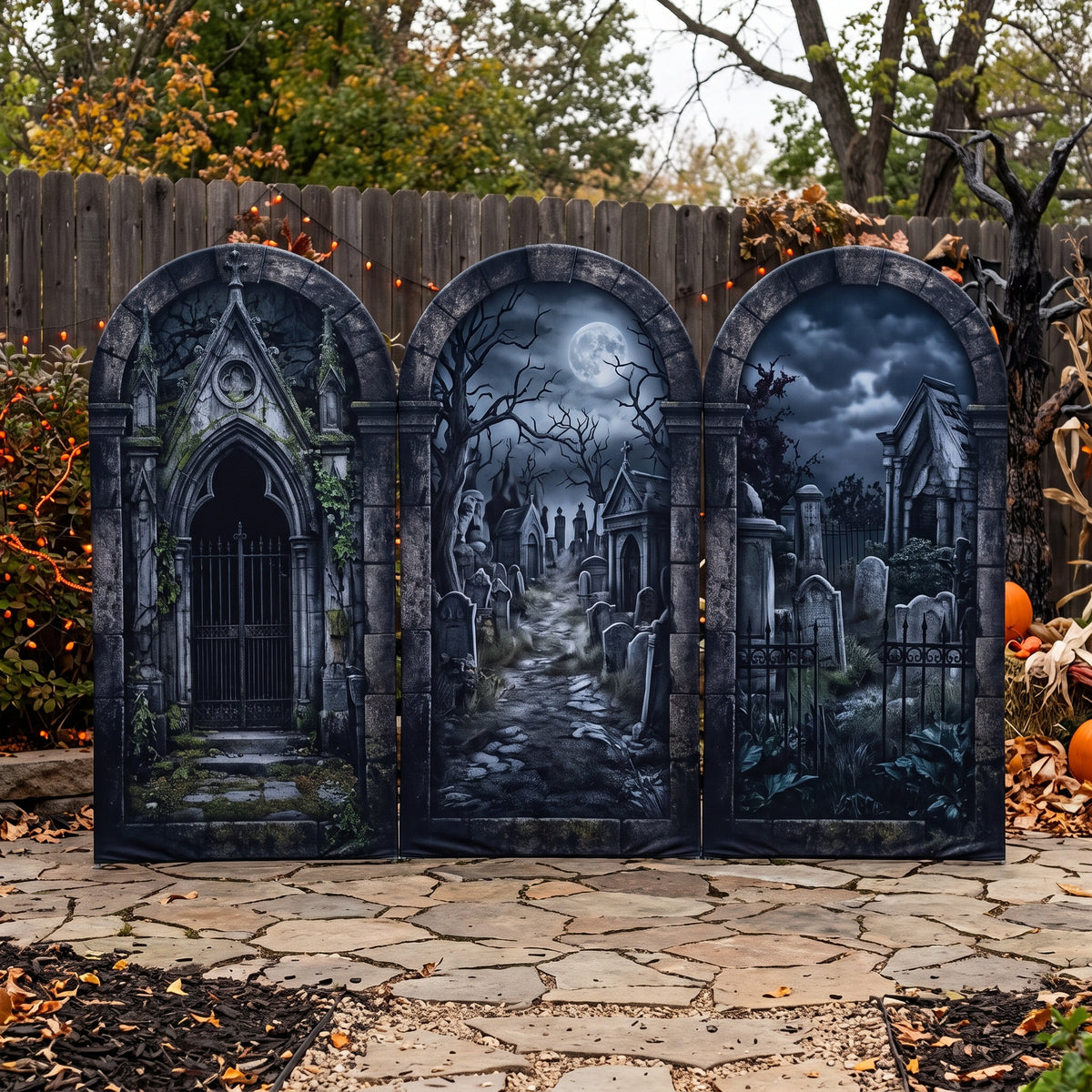 7.2ft Cursed Graveyard / Mausoleum Theme Halloween Arch Fabric Backdrop Cover - Multi-Panel Event Backdrop Decor Prop