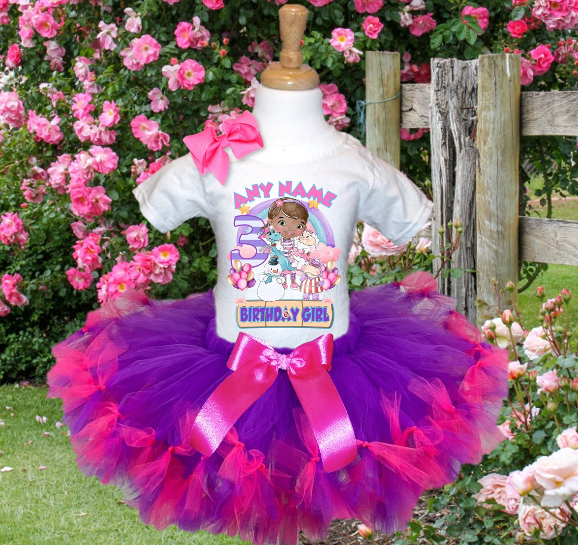 Doc McStuffins Tutu Set Girls Personalized Custom Purple Hot Pink Knots Tutu Outfit Dress Theme Cake Smash Birthday Party