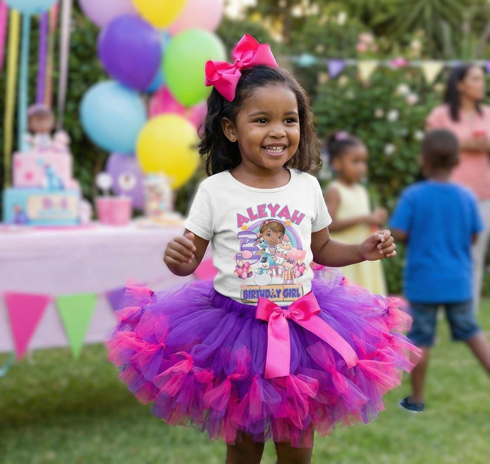 Doc McStuffins Tutu Set Girls Personalized Custom Purple Hot Pink Knots Tutu Outfit Dress Theme Cake Smash Birthday Party