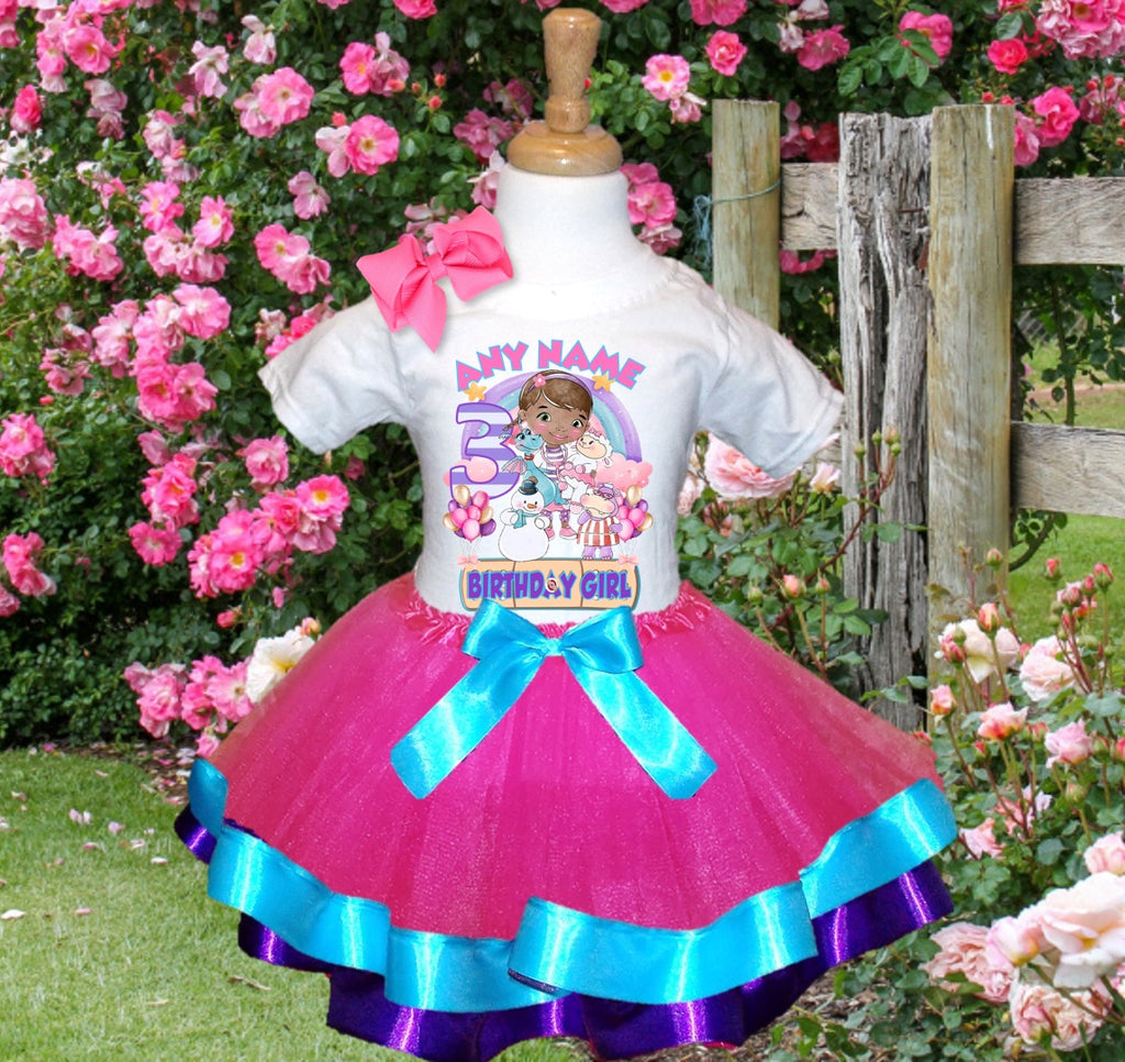 Doc McStuffins Tutu Set Girls Personalized Custom Hot Pink Blue Purple Ribbon Trim Tutu Outfit Dress Theme Cake Smash Birthday Party