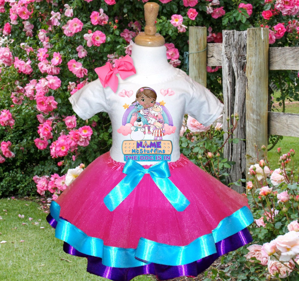 Doc McStuffins Tutu Set Girls Personalized Custom Hot Pink Blue Purple Ribbon Trim Tutu Outfit Dress Theme Cake Smash Party