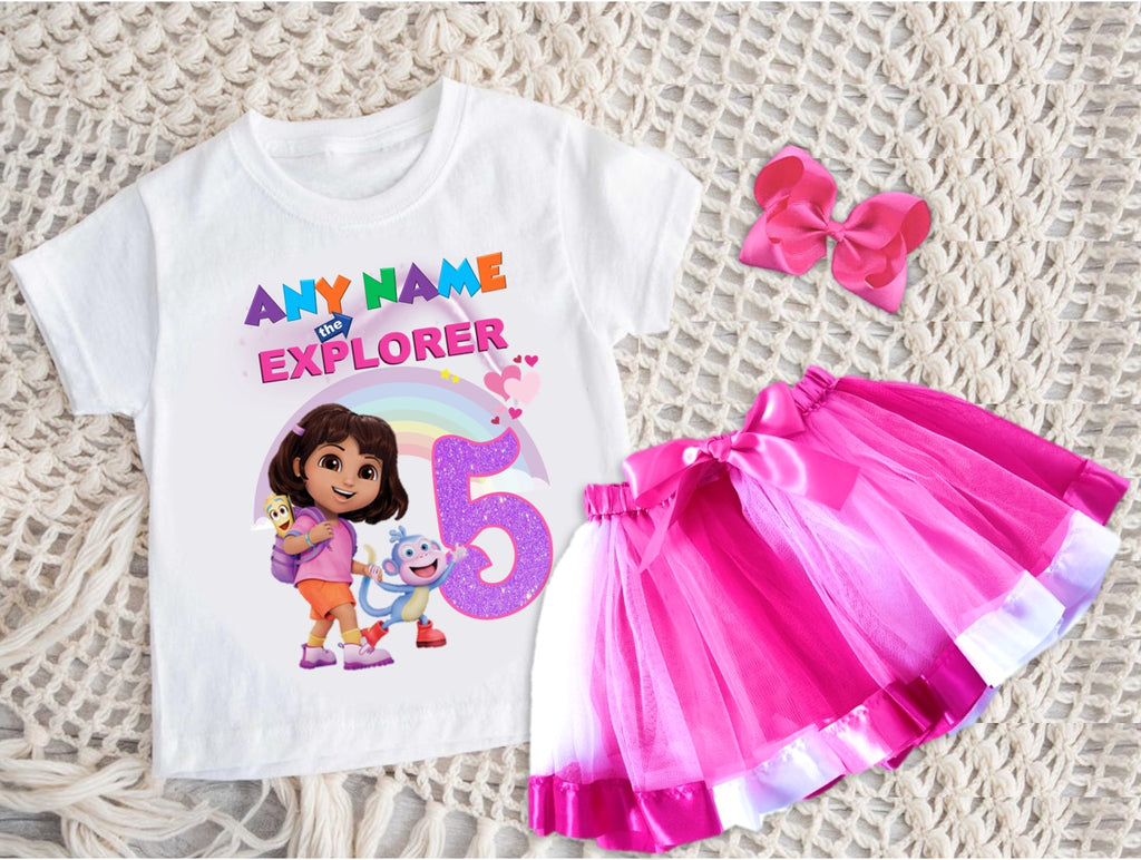 Dora the Explorer Tutu Set Girls Personalized Custom Hot Pink White Pink Ribbon Tutu Outfit Dress Theme Cake Smash Birthday Party