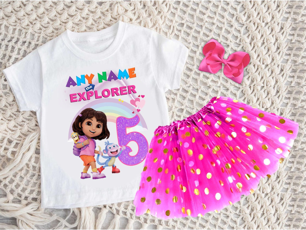 Dora the Explorer Tutu Set Girls Personalized Custom Hot Pink Gold Polka Dots Tutu Outfit Dress Theme Cake Smash Birthday Party