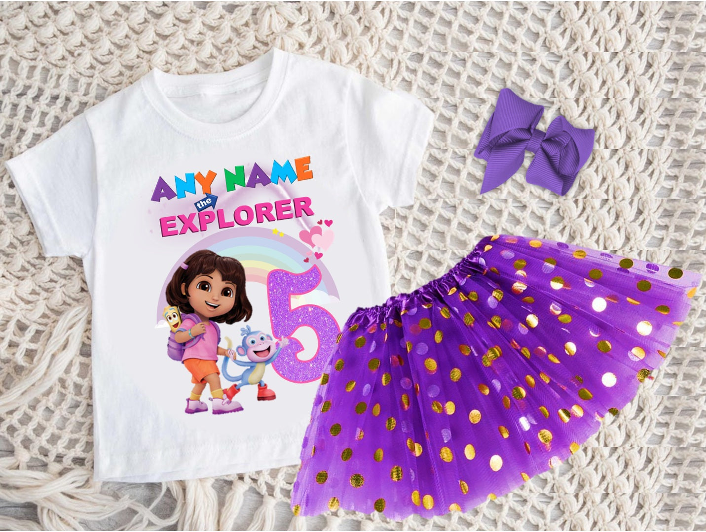 Dora the Explorer Tutu Set Girls Personalized Custom Purple Gold Polka Dots Tutu Outfit Dress Theme Cake Smash Birthday Party