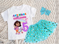 Dora the Explorer Tutu Set Girls Personalized Custom Aqua Blue Gold Polka Dots Tutu Outfit Dress Theme Cake Smash Birthday Party