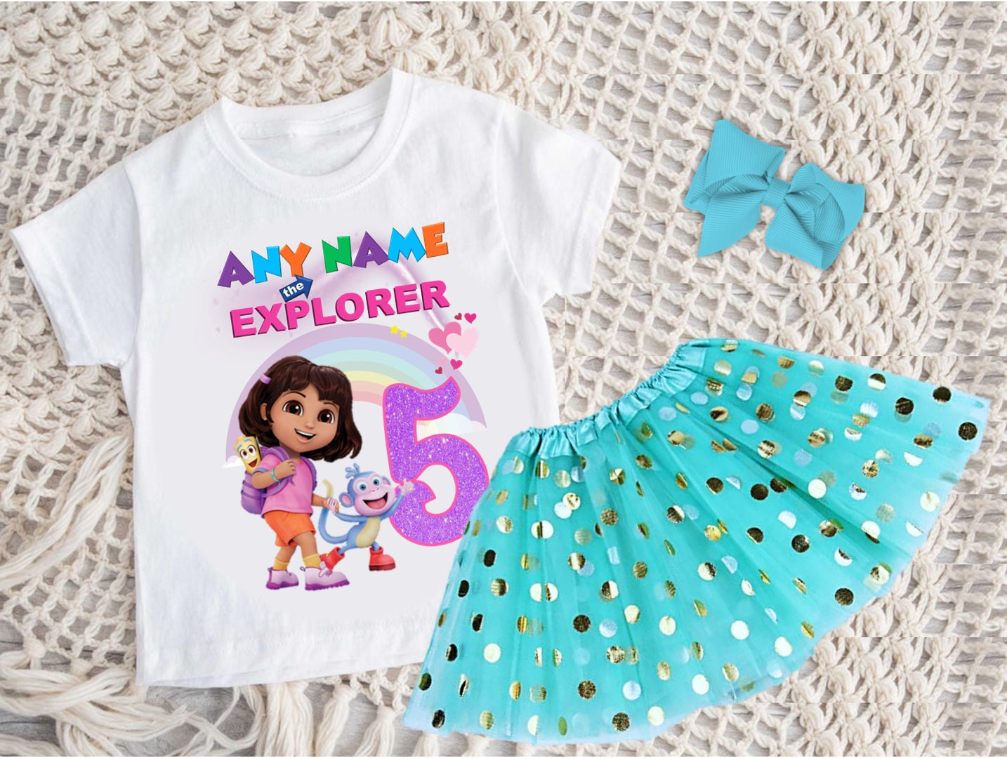 Dora the Explorer Tutu Set Girls Personalized Custom Aqua Blue Gold Polka Dots Tutu Outfit Dress Theme Cake Smash Birthday Party
