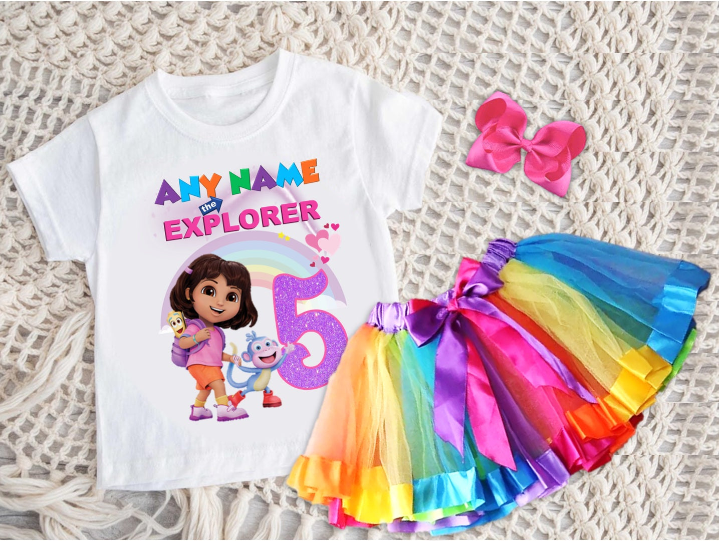 Dora the Explorer Tutu Set Girls Personalized Custom Rainbow Ribbon Tutu Outfit Dress Theme Cake Smash Birthday Party