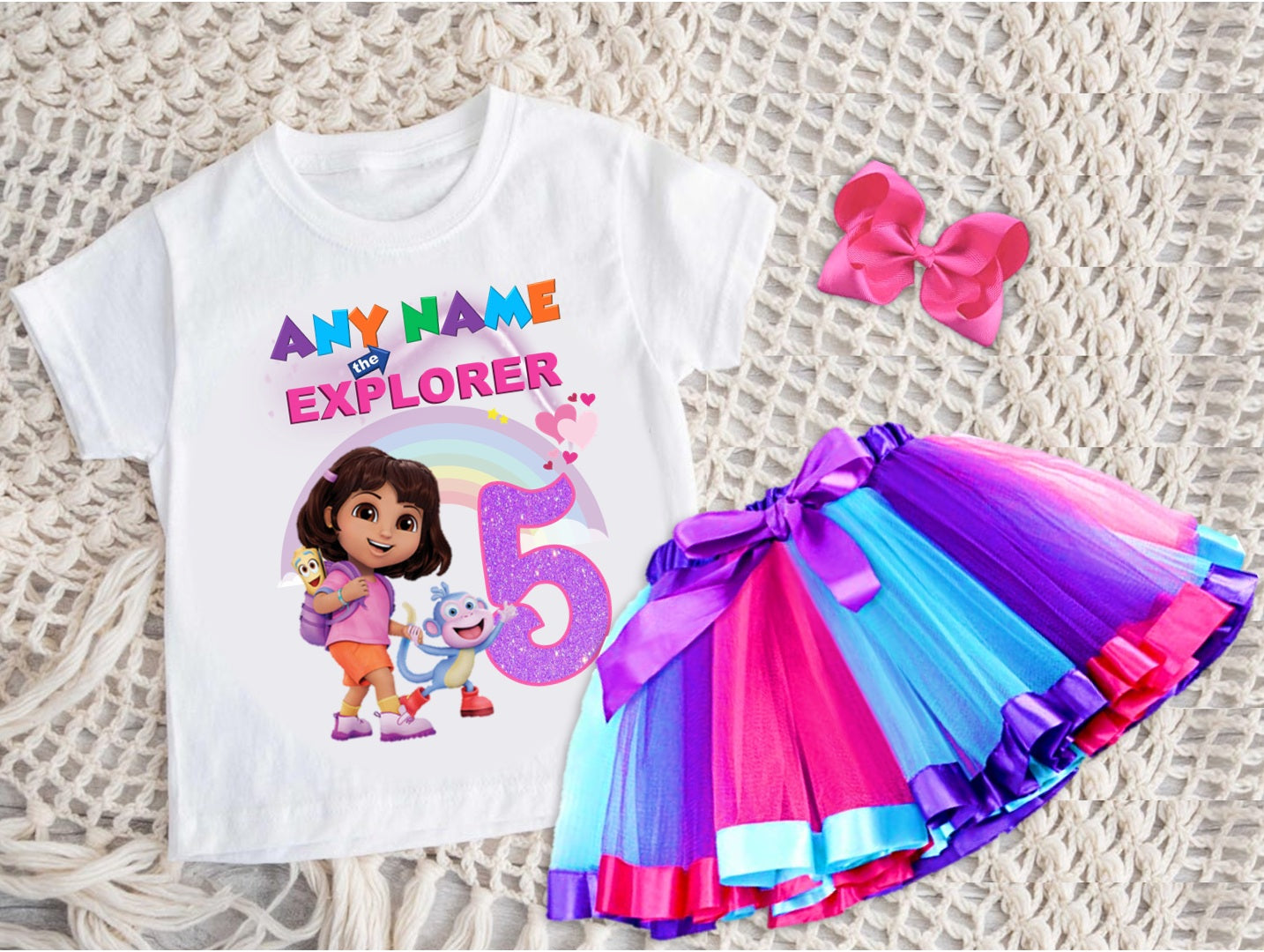 Dora the Explorer Tutu Set Girls Personalized Custom Hot Pink Blue Purple Ribbon Tutu Outfit Dress Theme Cake Smash Birthday Party