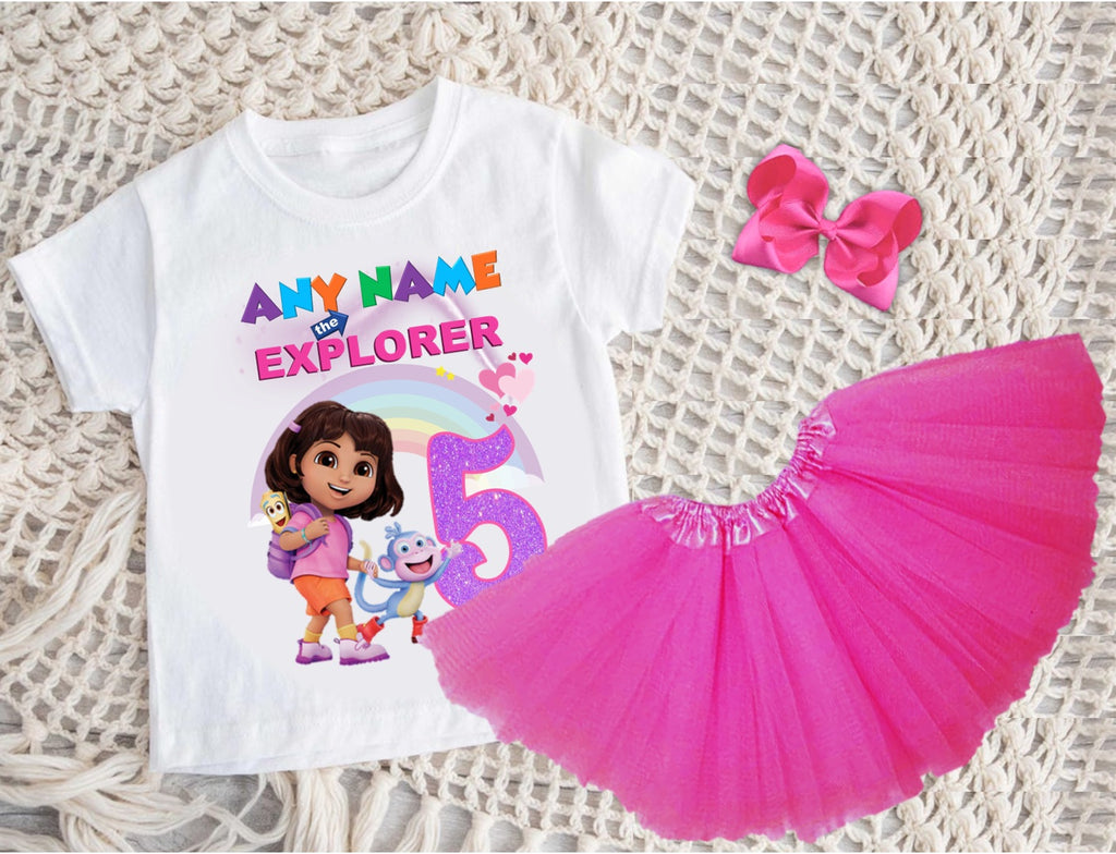 Dora the Explorer Tutu Set Girls Personalized Custom Hot Pink 3 Layer Tutu Outfit Dress Theme Cake Smash Birthday Party